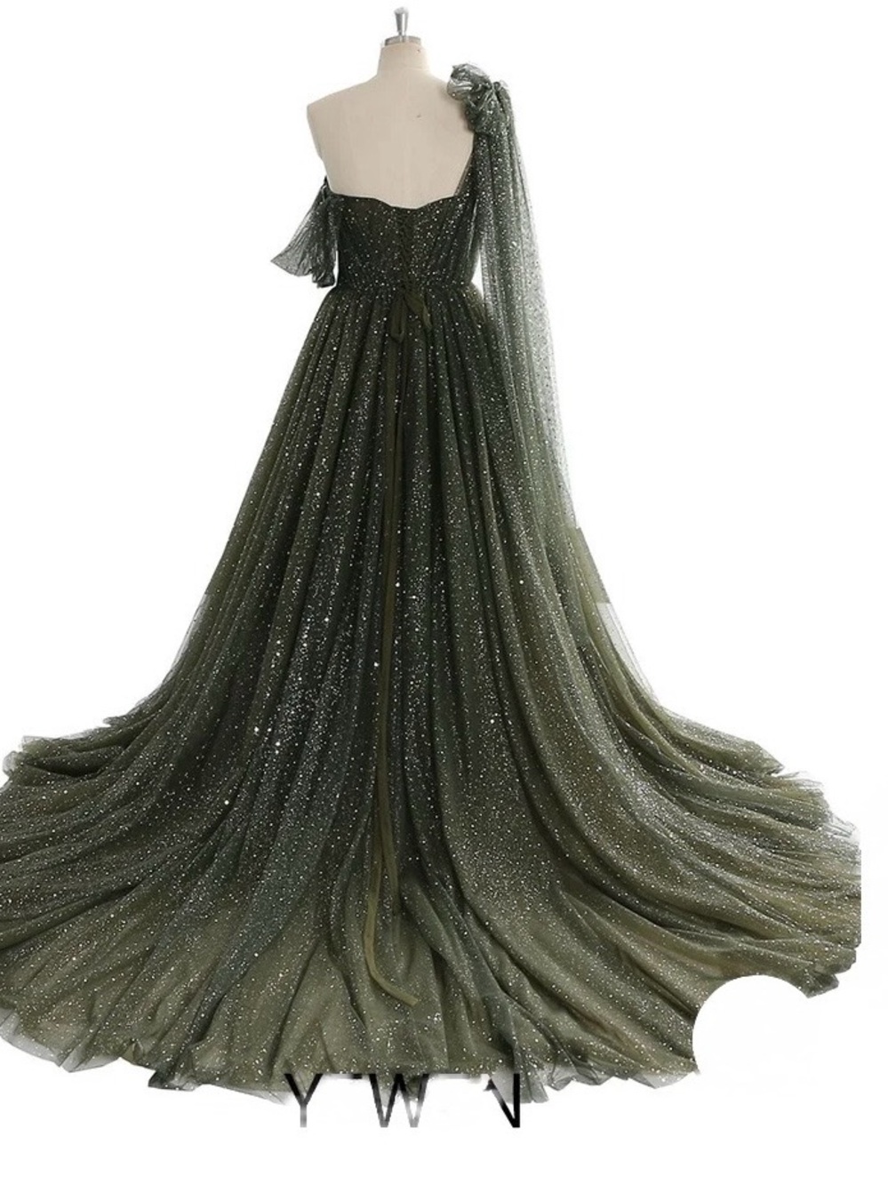 Elegant Olive Green One-Shoulder Sparkle Evening Gown
